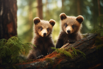 Generative ai image group of baby brown wild bears walk in forest