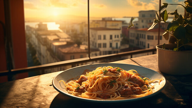 A plate of spaghetti Bolognese by the window