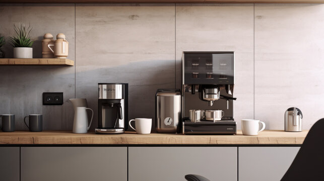 Modern coffee machine on the table in the kitchen. Fresh coffee. On the kitchen table, coffee is prepared for breakfast using a coffee machine. Technology concept.