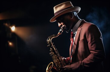 A black male musician with a hat is playing jazz with a sax. AI generative