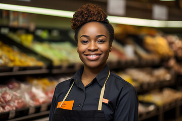 Fototapeta premium Generative AI image photo of cheerful charming woman working in a grocery store