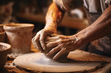 Hands making pottery, molding a piece of clay with a wheel. Generative AI