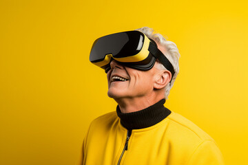 Youngster watching 3d object in virtual world fun cheerful vr glasses goggles generative ai