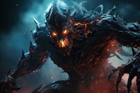 Menacing Alien Monster in Action Pose with Dramatic Dark Background.by Generative AI.
