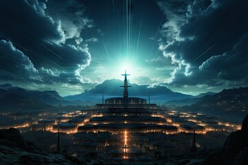 Glowing Catholic cross above the earth and surrounding clouds. Sacred and slightly surreal.by Generative AI.