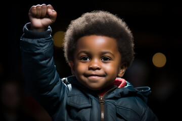 Little black boy with raised fist. Black history month - obrazy, fototapety, plakaty