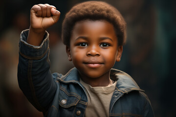 Little black boy with raised fist. Black history month