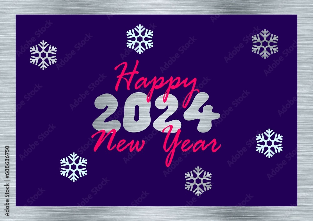 Wall mural Silver and purple greeting card Happy New Year 2024 written in english in pink with snowflakes - Wall murals