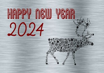 Silver wish card new year 2024 written in english in red with a black reindeer with balls and snowflakes