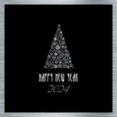 Silver and black squared wish card new year 2024 written in english with a christmas tree with balls and snowflakes