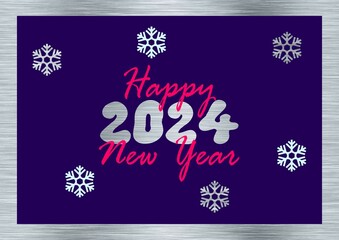 Silver and purple greeting card Happy New Year 2024 written in english in pink with snowflakes