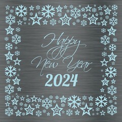 Silver and light blue square wish card new year 2024 written in english with stars and snowflakes