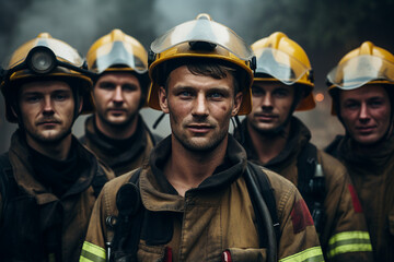 Fototapeta premium AI generated portrait of rescuers evacuates people from fire