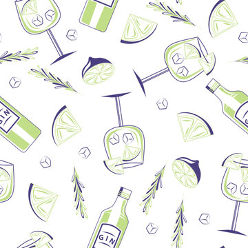 Gin Tonic Cocktail seamless pattern. Glass with bottle, lime, ice cubes and rosemary leaves