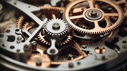 Close-up of a working mechanism consisting of gold and silver metal gears. Metal gears on a dark...