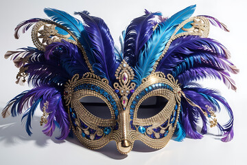 Carnival mask decorated with blue feathers on white background. Brazilian mardi gras party theme