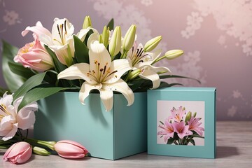Gift box with a bouquet of white lilies. Greeting card for birthday, March 8 or Mother's Day