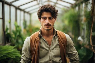 Greenhouse owner entrepreneur standing next to healthy garden harvest Generative AI