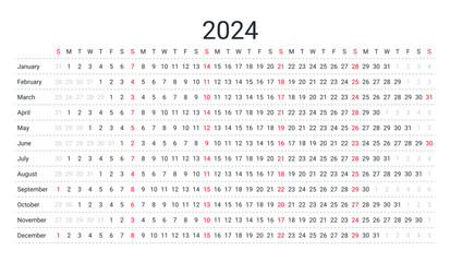 2024 calendar. Linear horizontal planner for year. Yearly calender template. Week starts Sunday. Annual schedule grid with 12 months. Landscape orientation, english. Simple design. Vector illustration