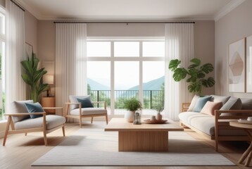 Cozy style living room interior design A comfortable, clean living room with light wood furniture, decorations, and a comfortable and romantic atmosphere.