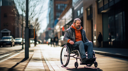 Obraz premium A man in a wheelchair walks alone along a city street. Disabled man enjoying the weather outdoors. Disability concept, walking.