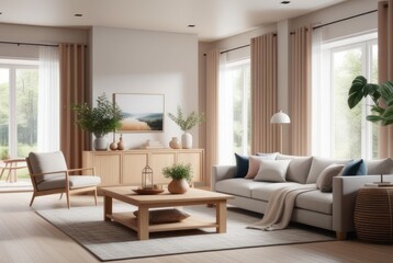 Naklejka na ściany i meble Cozy style living room interior design A comfortable, clean living room with light wood furniture, decorations, and a comfortable and romantic atmosphere.