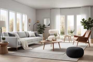 Cozy style living room interior design A comfortable, clean living room with light wood furniture, decorations, and a comfortable and romantic atmosphere.