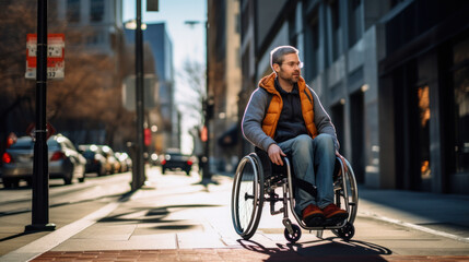 A man in a wheelchair walks alone along a city street. Disabled man enjoying the weather outdoors. Disability concept, walking. - obrazy, fototapety, plakaty