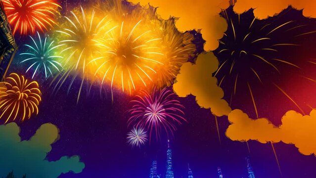 fire work celebration, stars in the sky, firecrackers, new year celebration, clouds, night, fantasy, city landscape, radiant colours. Generative AI