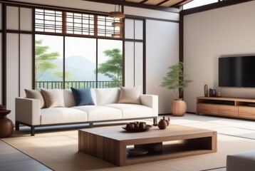 Fototapeta na wymiar Japanese style living room interior design A comfortable, clean living room with light wood furniture, decorations, and a comfortable and romantic atmosphere.