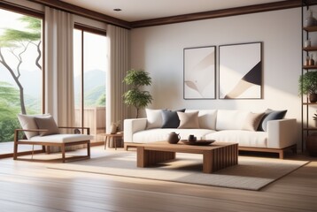 Fototapeta premium Japanese style living room interior design A comfortable, clean living room with light wood furniture, decorations, and a comfortable and romantic atmosphere.
