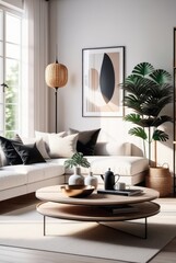 Scandinavian style living room interior design A comfortable, clean living room with light wood furniture, decorations, and a comfortable and romantic atmosphere.