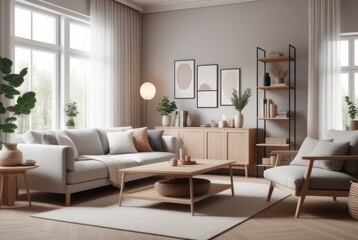 Naklejka na ściany i meble Scandinavian style living room interior design A comfortable, clean living room with light wood furniture, decorations, and a comfortable and romantic atmosphere.
