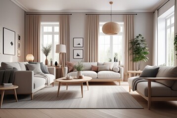 Naklejka na ściany i meble Scandinavian style living room interior design A comfortable, clean living room with light wood furniture, decorations, and a comfortable and romantic atmosphere.