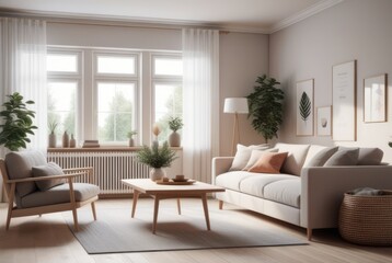 Fototapeta premium Scandinavian style living room interior design A comfortable, clean living room with light wood furniture, decorations, and a comfortable and romantic atmosphere.