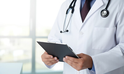 Digital Healthcare: Male Doctor Holds Tablet, Empowering Modern Medical Practices.