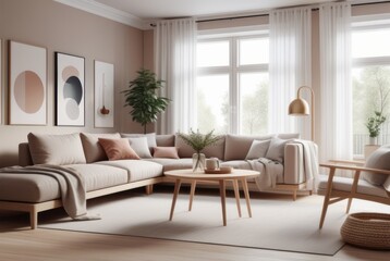 Fototapeta premium Scandinavian style living room interior design A comfortable, clean living room with light wood furniture, decorations, and a comfortable and romantic atmosphere.