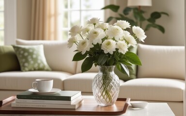 A bouquet of bright and lovely white flowers arranged in a glass vase was placed on the table. warm light of the setting sun shining through the balcony window Flower decoration in the room