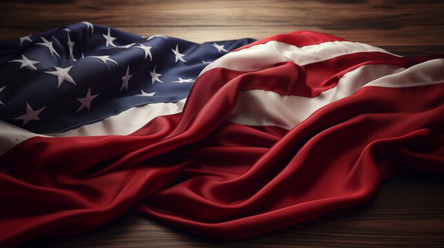 A patriotic and elegant photo of the American flag that is neatly folded on a brown wooden table. 