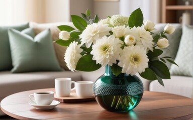 A bouquet of bright and lovely white flowers arranged in a glass vase was placed on the table. warm light of the setting sun shining through the balcony window Flower decoration in the room