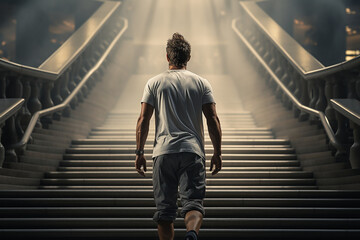 A person getting ready to climb a stairs representing doing the first step - obrazy, fototapety, plakaty