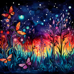 Obraz na płótnie Canvas a dreamscape featuring abstract fireflies with watercolor-inspired strokes, tribal motifs, and dynamic compositions