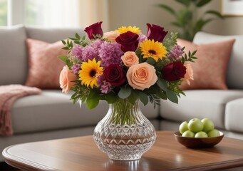 A bouquet of bright and lovely flowers arranged in a glass vase was placed on table by window. The warm light of the setting sun streamed through the balcony window. decoration in the room