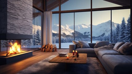 Fireplace Inside A Luxury Chalet in Winter with A View of the Mountain and the Snow
 - obrazy, fototapety, plakaty