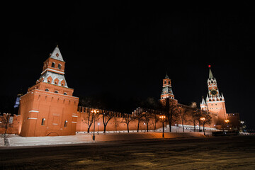 Moscow Kremlin on Red Square at night in winter. Illumination of beautiful towers of the Kremlin.