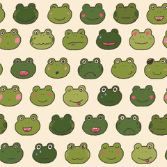 Seamless pattern with cute cartoon frogs faces. Vector illustration.