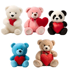 Stuffed Fluffy Plushie Animal Toys: Teddy Bear, Panda, Polar Bear, Blue Bear, Pink Bear - A Heartwarming Collection for Valentine’s Day, Isolated on Transparent Background, PNG