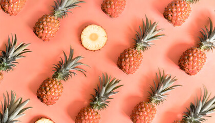 Pattern background of pineapples on the coral pastel background. Summer concept 