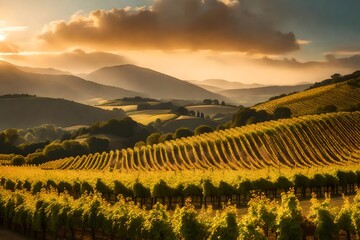 Rolling hills of vineyards basking in golden sunlight