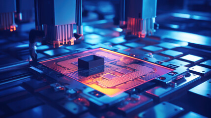 The silicon crystal is removed from the semiconductor wafer and bonded to the substrate using a placement machine. Semiconductor packaging process. Concept of modern technology, production. - obrazy, fototapety, plakaty